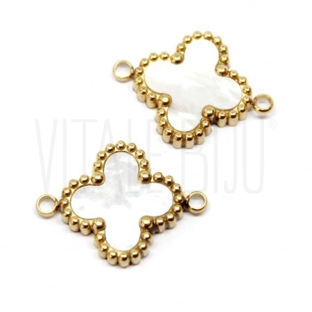 Entremeio da Moda Flores Detalhe em Madrepérola (trevo) - Aço Inox Dourado